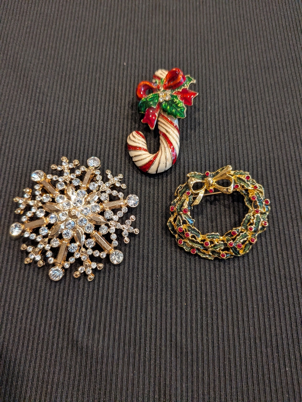 #1:  Gold-Tone Holiday Brooch Set - Candy Cane, Wreath & Snowflake